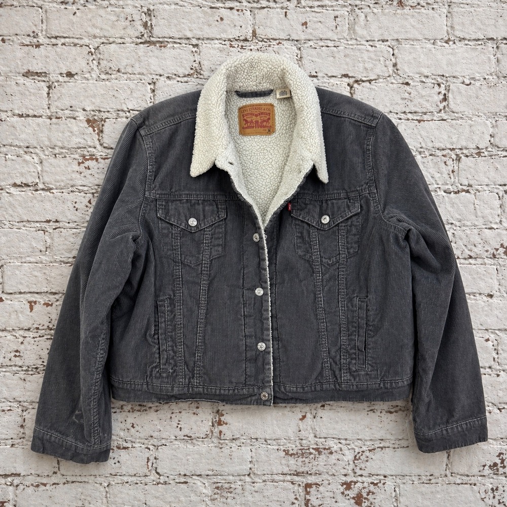 Levi Trucker Jacket Womens XL Gray Corduroy Sherpa Lined Coat Boyfreind Fit